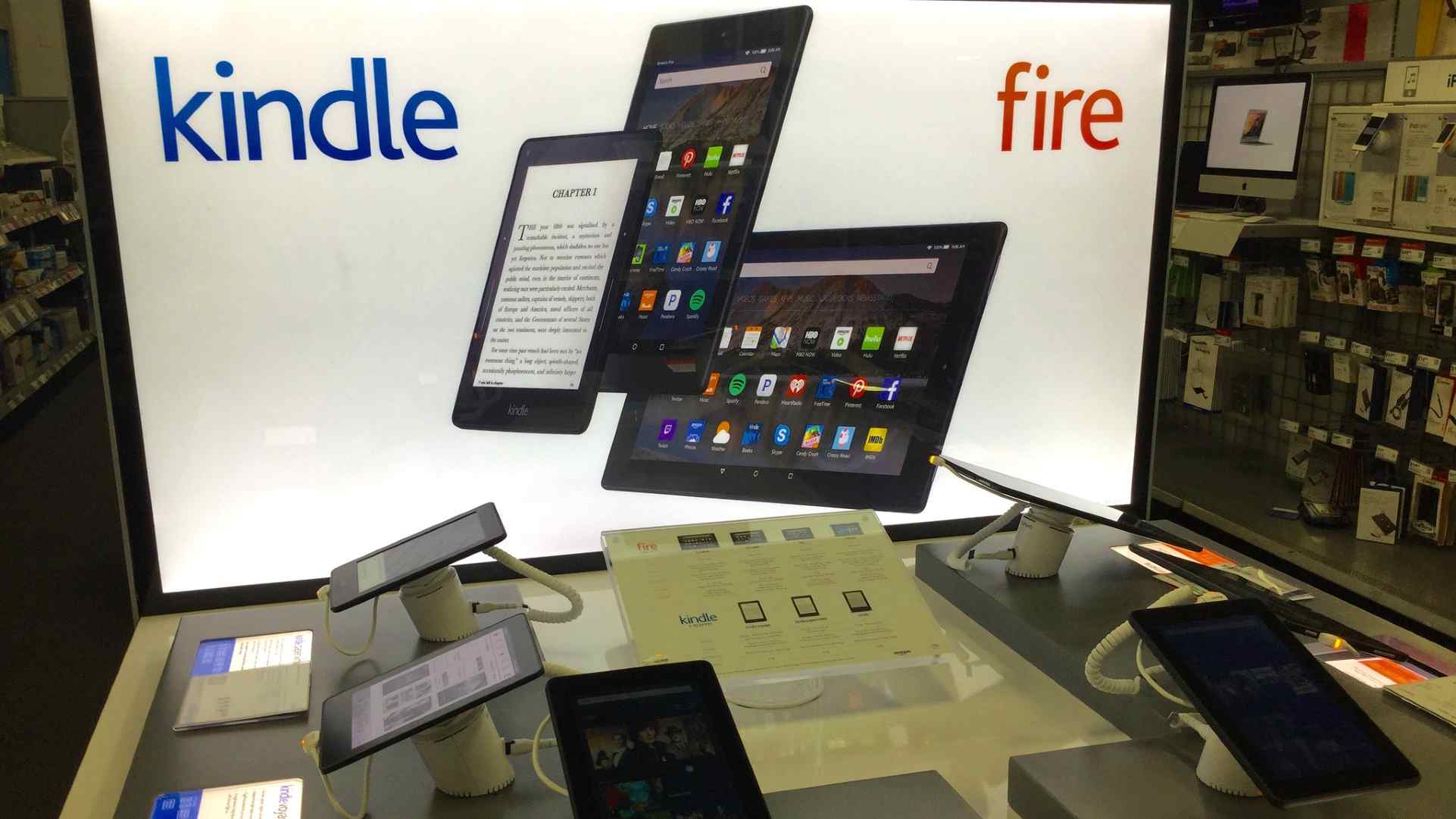 Kindle Fire tablets on display at Best Buy in 2015