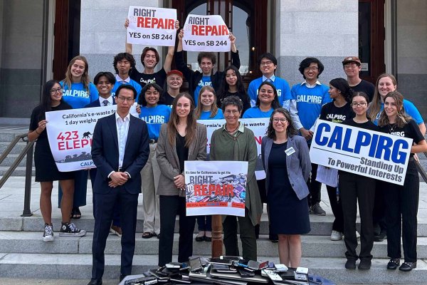 Sen. Susan Eggman and cosponsors of SB 244 stand behind a pile of e-waste representing just 5 seconds of California's waste