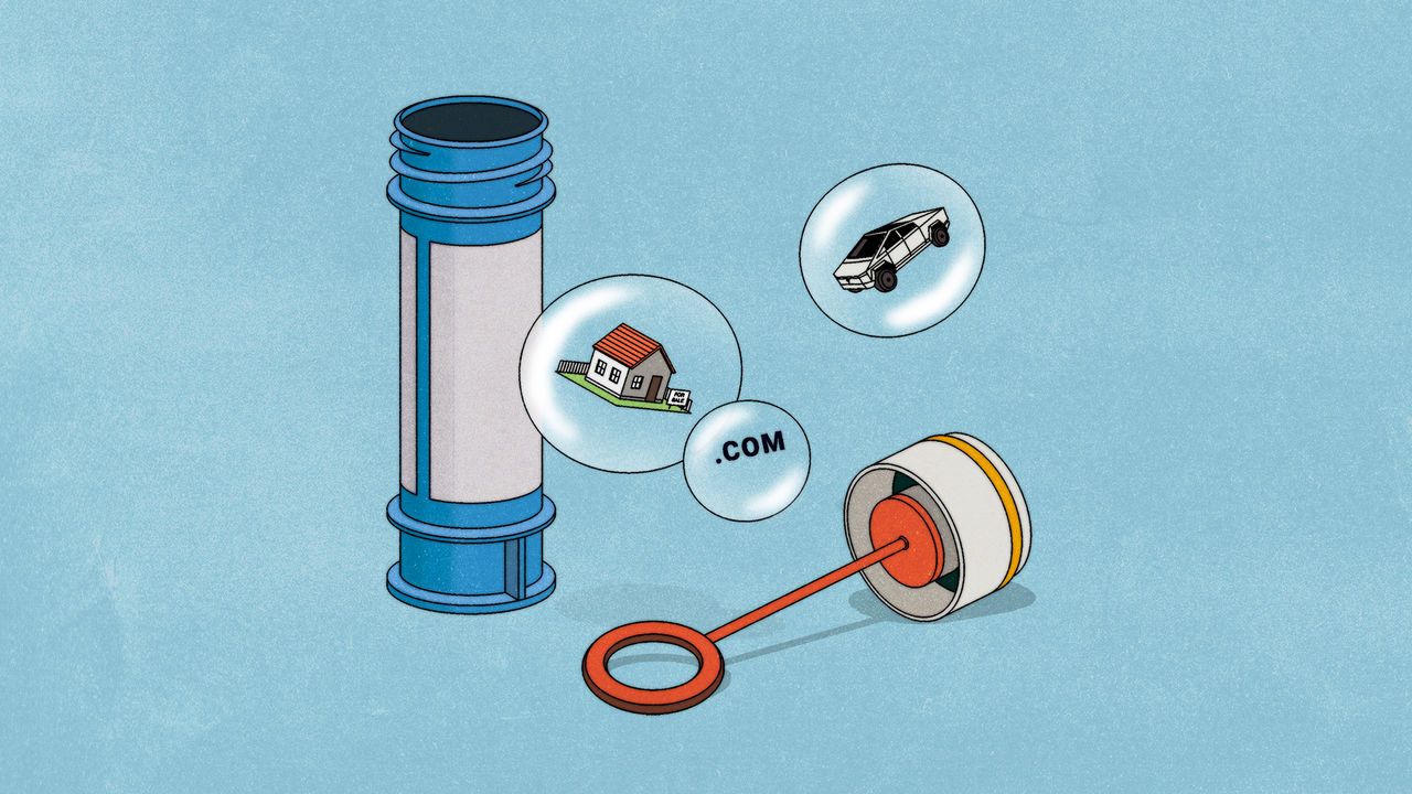 A bubble wand blows bubbles containing icons of a house, car, and ".com."