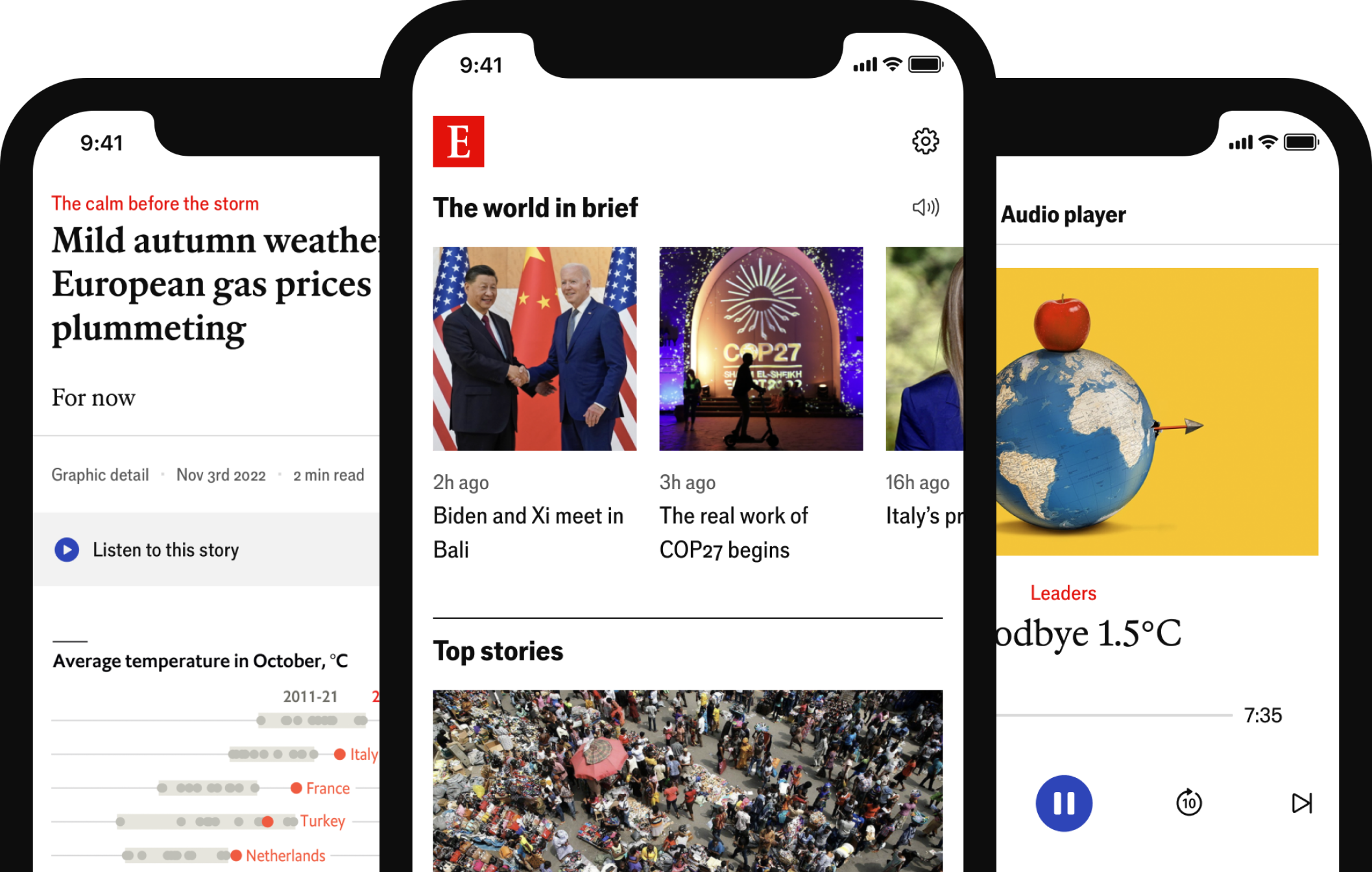 An image of a mobile device with the Economist app open, displaying news articles and other features