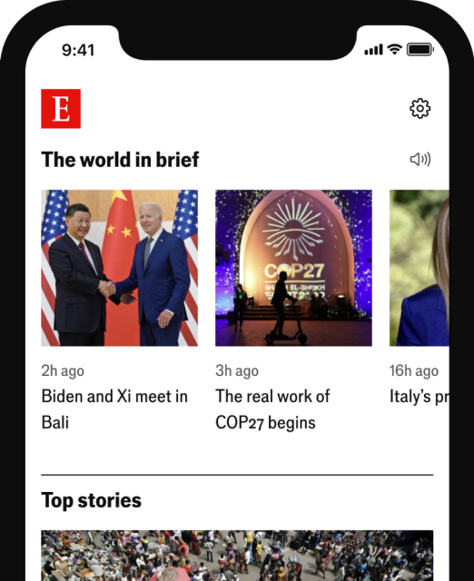 An image of a mobile device with the Economist app open, displaying news articles and other features