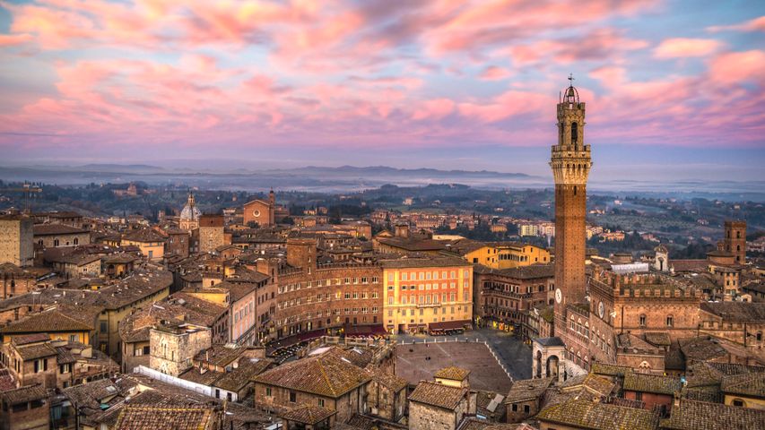 Paesaggio di Siena al tramonto, con Piazza del Campo e Torre del Mangia