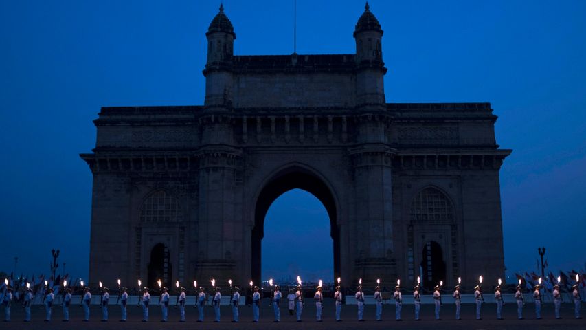 Indian Navy soldiers in front of the Gateway of India, Mumbai