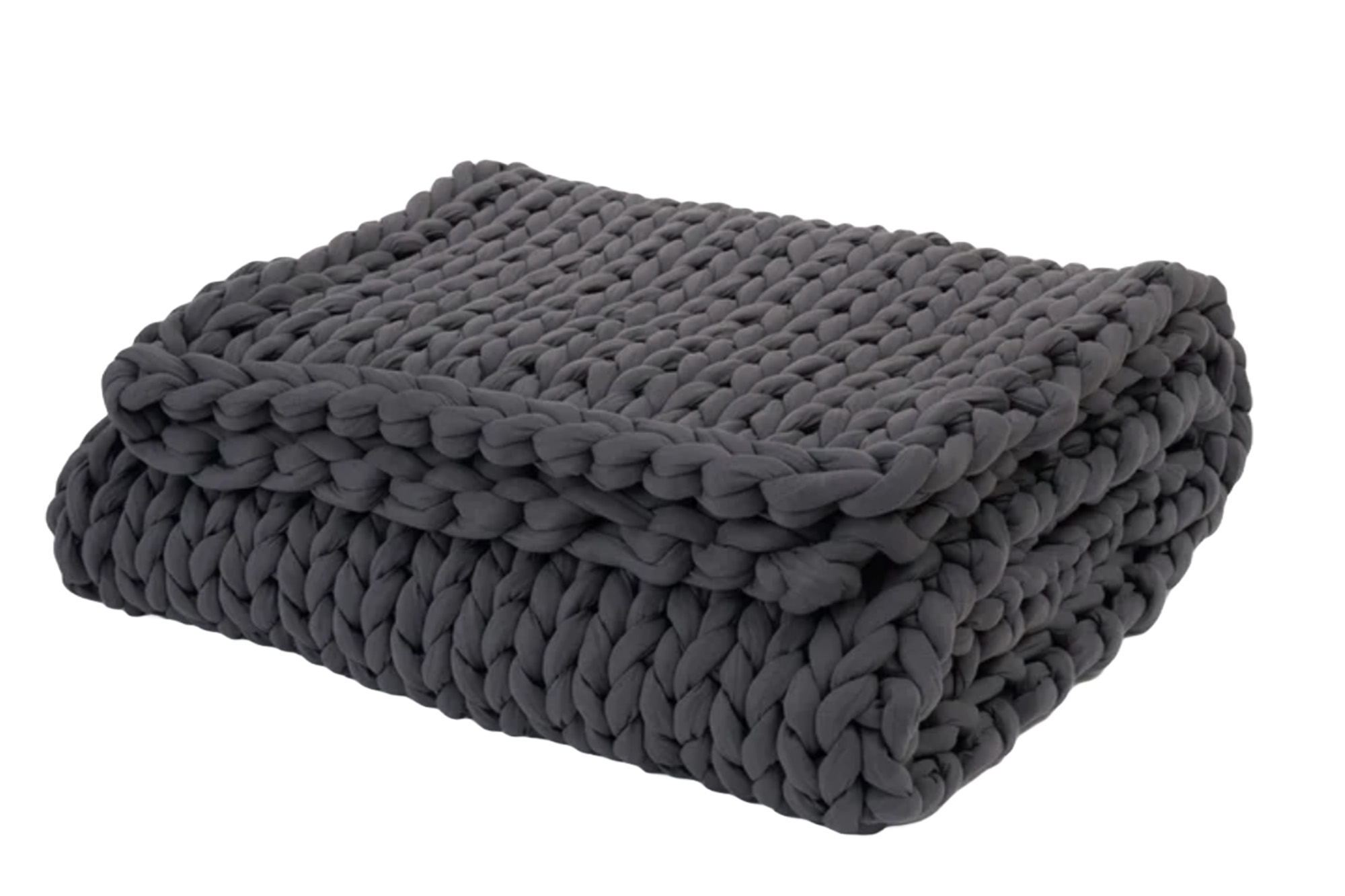 A chunky gray knit blanket