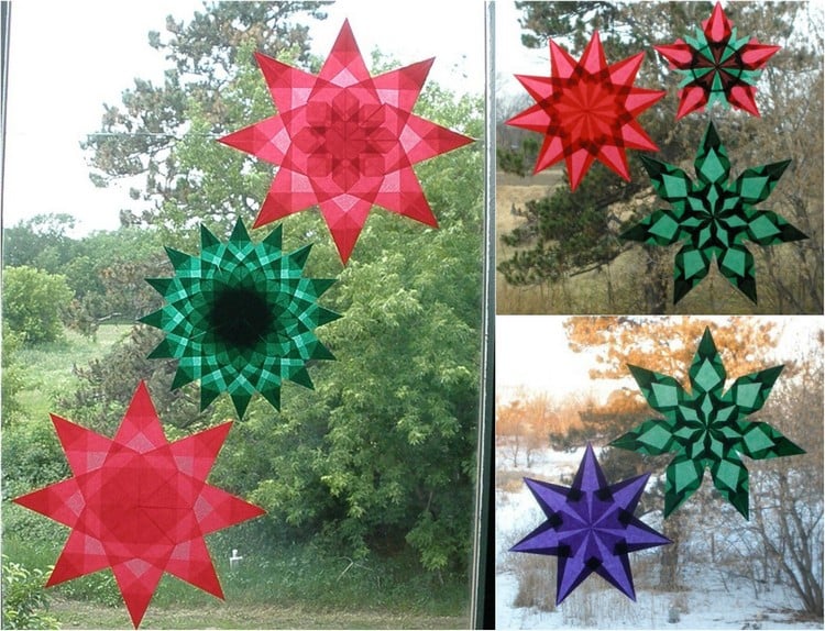 weihnachtsdeko-fenster-sterne-basteln-rot-gruen-muster