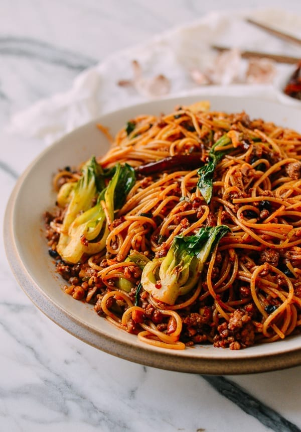 Spicy Crispy Pork Noodles, by thewoksoflife.com