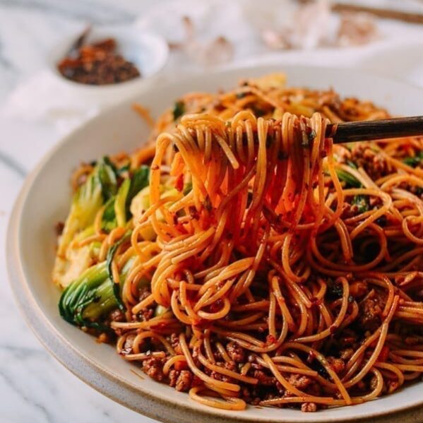 Spicy Crispy Pork Noodles, by thewoksoflife.com