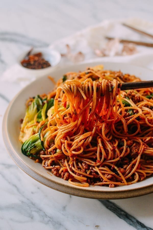 Spicy Crispy Pork Noodles, by thewoksoflife.com