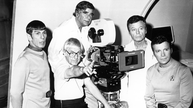 Gene Roddenberry (top of photo) with cast and crew of the original "Star Trek"