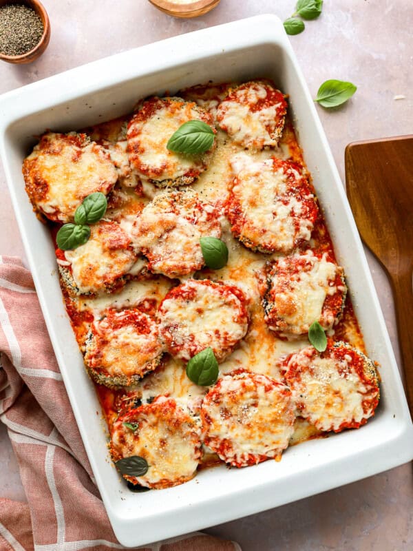 overhead view of eggplant parmesan in a baking pan.