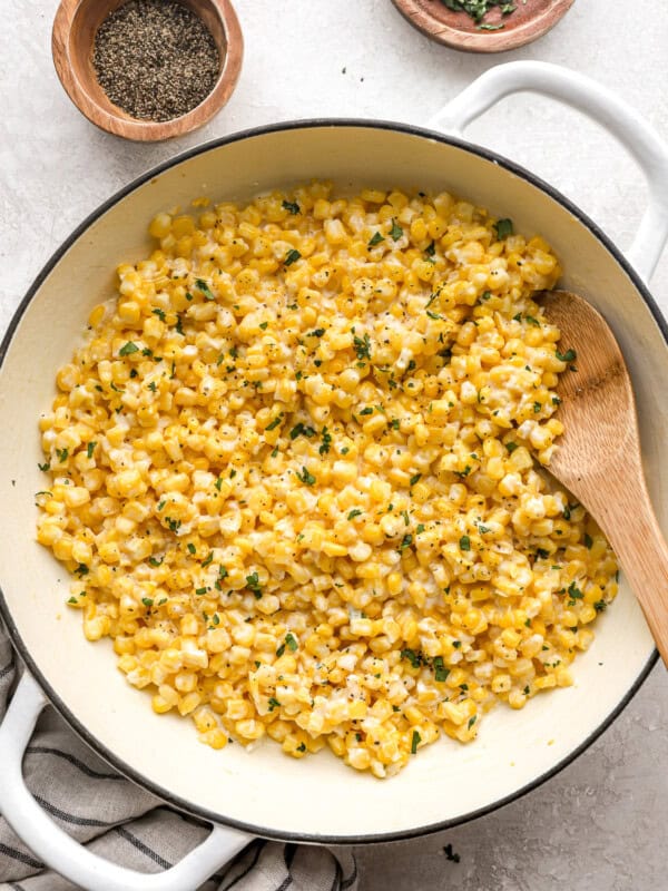 overhead view of honey butter skillet corn in a pan.