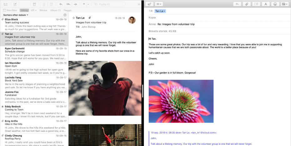 Brevlistan sida vid sida med ett skrivfönster i Split View.