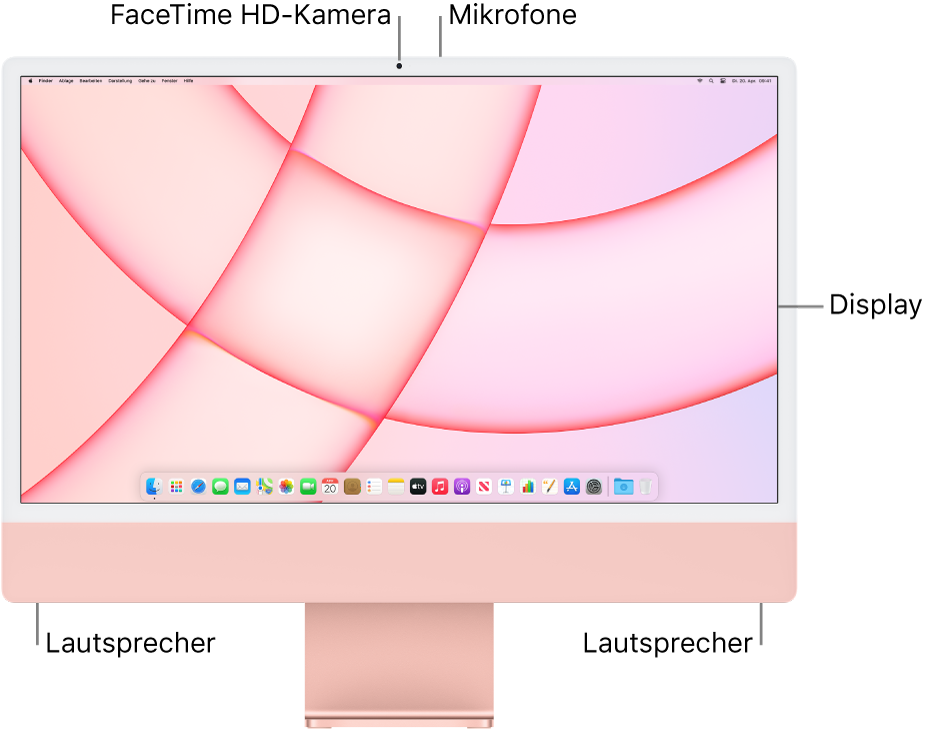 Vorderansicht des iMac mit Bildschirm, Kamera, Mikrofonen und Lautsprechern.