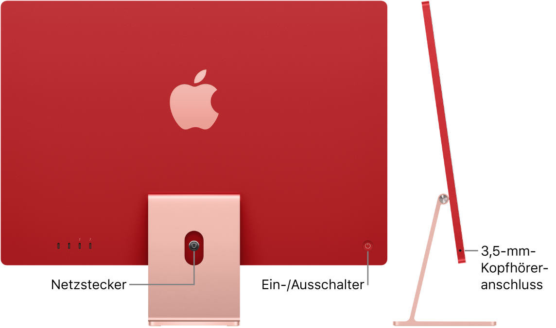 Rückansicht des iMac mit Netzanschluss und Ein-/Ausschalter. Daneben ist eine Seitenansicht mit dem Kopfhöreranschluss.