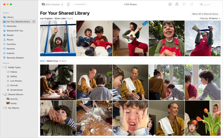 The Photos window showing For Your Shared Library selected in the sidebar and suggested photos to add to the Shared Library on the right.