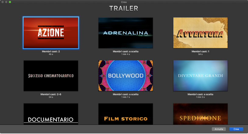 Finestra Crea che mostra miniature dei modelli di trailer