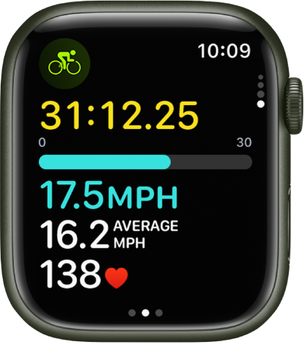 The Workout app showing metrics during a cycle workout.