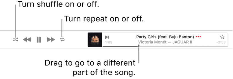 The banner with a song playing. The Shuffle button is in the top-left corner; the Repeat button is in the top-right corner. Drag the scrubber to go to a different part of the song.