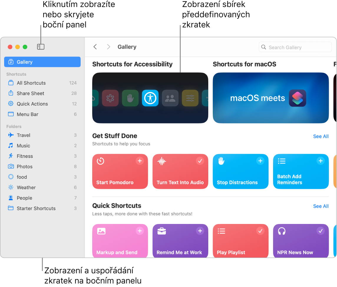 Okno aplikace Zkratky s otevřeným bočním panelem vlevo a galerií vpravo Tlačítko Boční panel a navigační šipky vlevo nahoře nad galerií a pole hledání vpravo nahoře