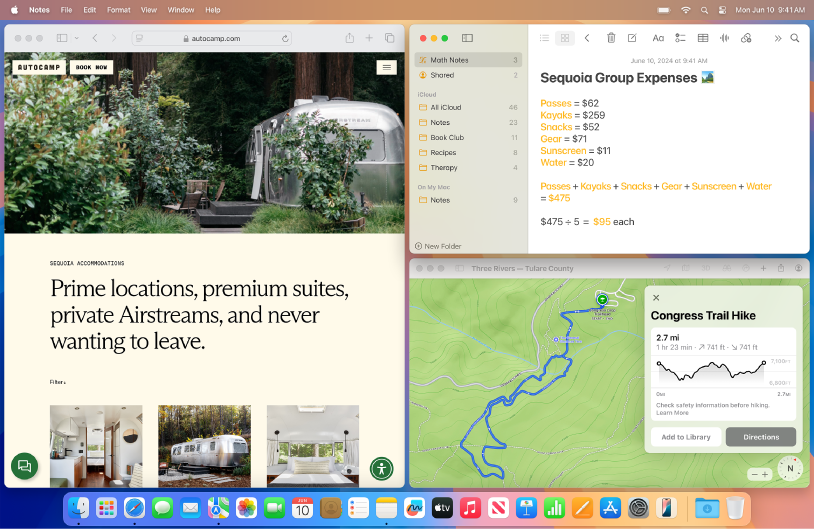 A screen showing Safari tiled on the left and Notes and Maps tiled on the right.