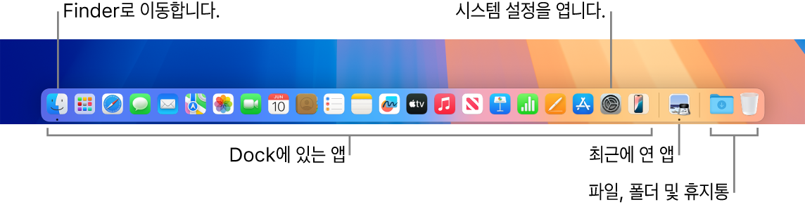 Finder, 시스템 설정 및 앱을 파일 및 폴더로부터 분리하는 Dock의 분리자를 보여주는 Dock.