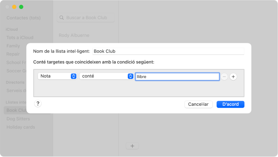 Finestra per afegir una llista intel·ligent, amb una llista anomenada “Club de lectura” que conté els contactes que tenen la paraula “lectura” al seu camp “Nota”.