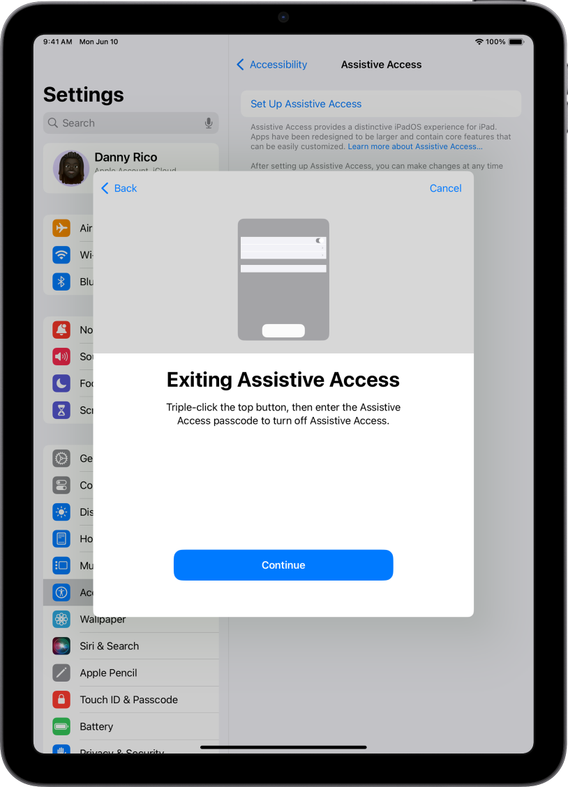 An iPad with a screen explaining how to exit Assistive Access.