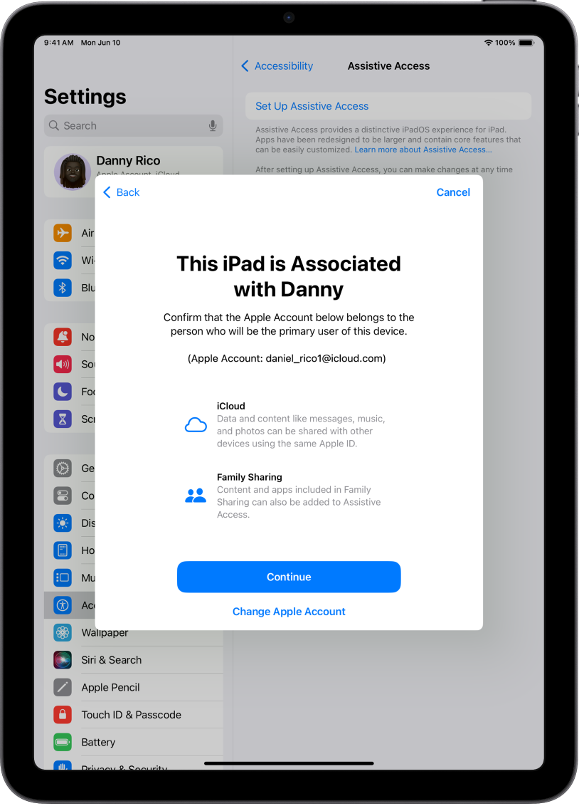 An iPad showing the Apple Account associated with the device and information about iCloud and Family Sharing features that can be used with Assistive Access.