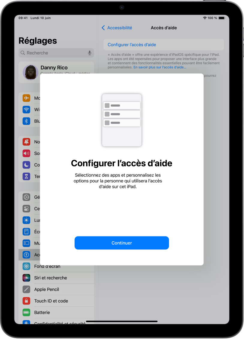 Un iPad affichant l’écran de configuration d’Accès d’aide avec le bouton Continuer en bas.