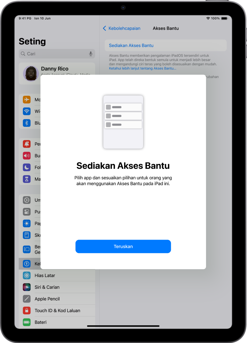 iPad menunjukkan skrin persediaan Akses Bantu dengan butang Teruskan di bahagian bawah.