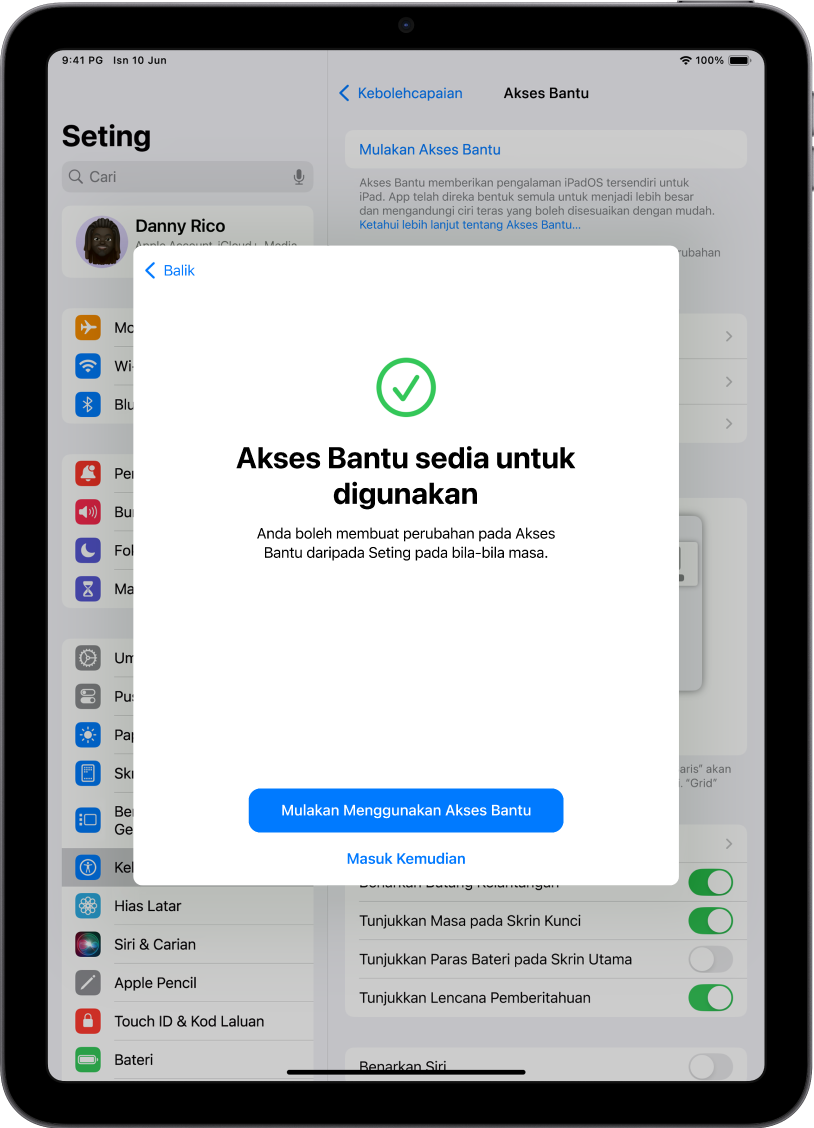 iPad menunjukkan persediaan Akses Bantu sedia untuk digunakan dengan butang di bahagian bawah untuk memasuki Akses Bantu.