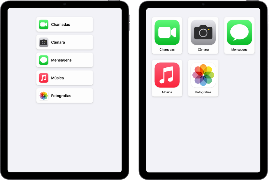 Dois ecrãs de iPad no Acesso assistido. Um mostra o ecrã principal com as aplicações listadas em linha. O outro mostra aplicações maiores organizadas numa grelha.