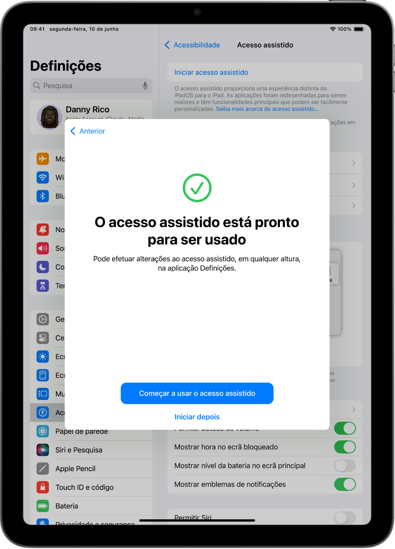 Um iPad mostra que o Acesso assistido está pronto para ser usado com um botão na parte inferior para entrar no Acesso assistido.