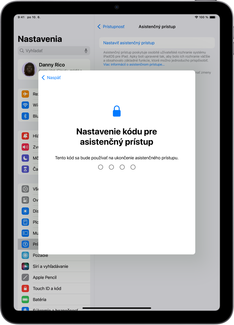 Na iPade sa zobrazuje obrazovka na nastavenie kódu asistenčného prístupu, ktorý sa používa na spustenie a ukončenie asistenčného prístupu.