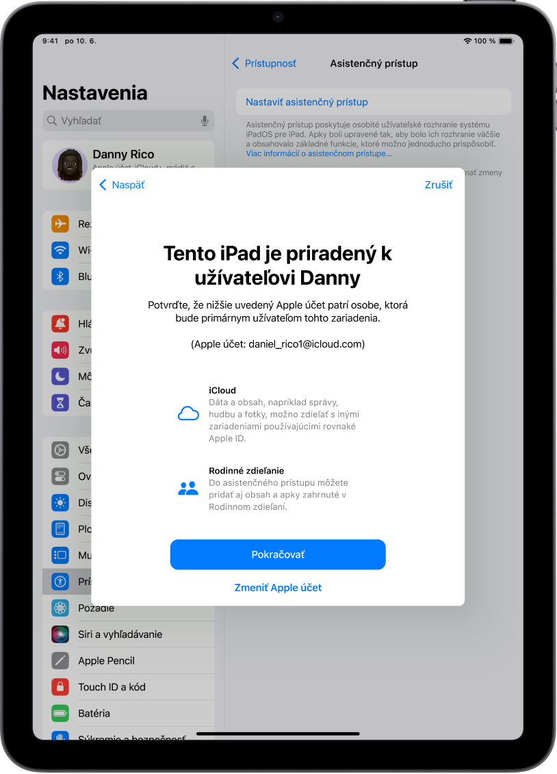 Na iPade sa zobrazuje Apple účet prepojený so zariadením a informácie o iCloude a Rodinnom zdieľaní, ktoré možno používať s asistenčným prístupom.