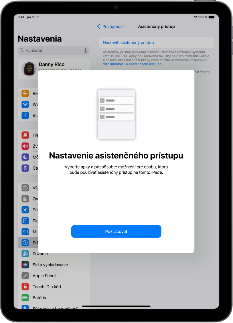 Na iPade sa zobrazuje obrazovka nastavovania asistenčného prístupu s tlačidlom Pokračovať v spodnej časti.