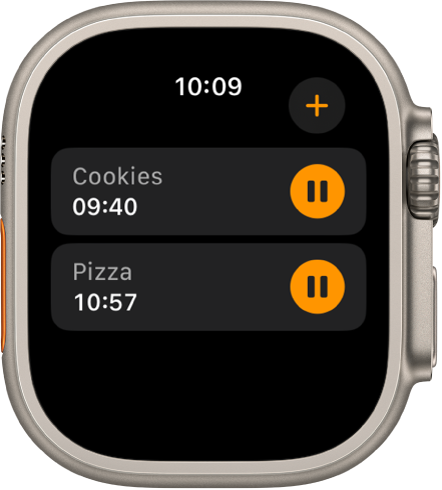 Two timers in the Timers app. A timer called “Cookies” is near the top. Below is a timer called “Pizza.” Each timer shows the remaining time below the timer’s name and a pause button to the right. An Add button is at the top right.