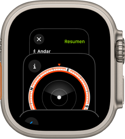 El selector de app con la app Brújula. Gira la corona Digital Crown para ver más apps. Toca una para abrirla.