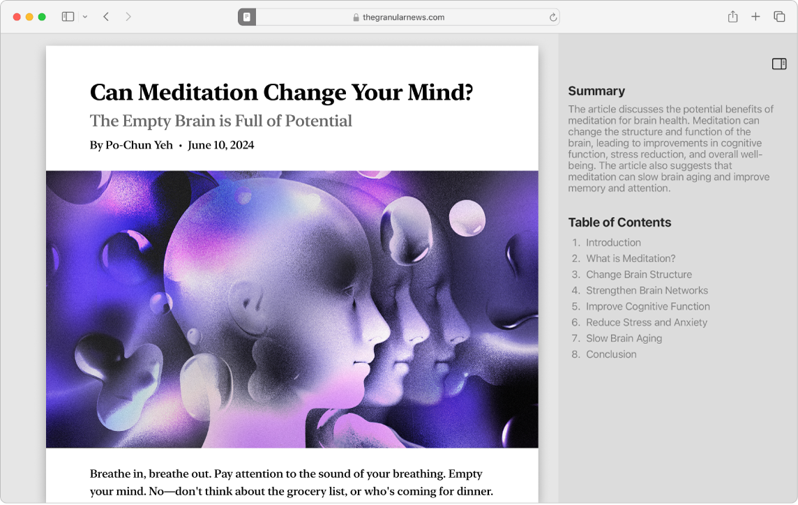 Et Safari-appvindu som viser den oppdaterte Safari-leseren. Til høyre for artikkelen vises den leser-genererte innholdsfortegnelsen og oppsummeringen av artikkelen.