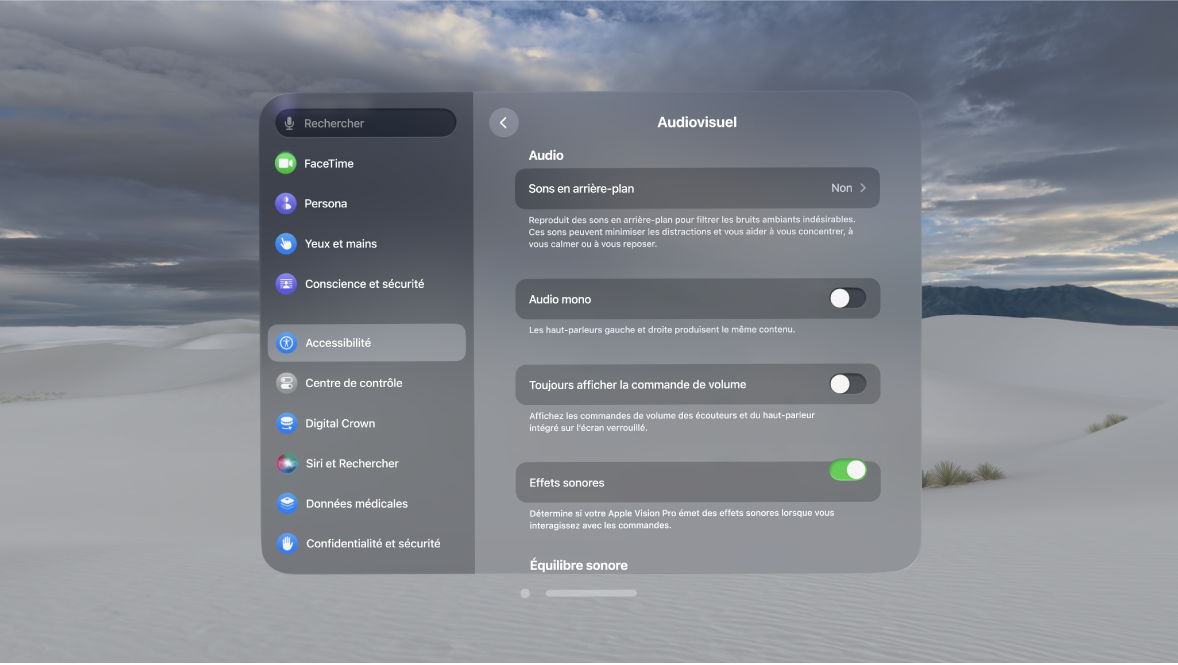 Réglages Audiovisuel sur l’Apple Vision Pro, qui montrent l’option Effets sonores activée.