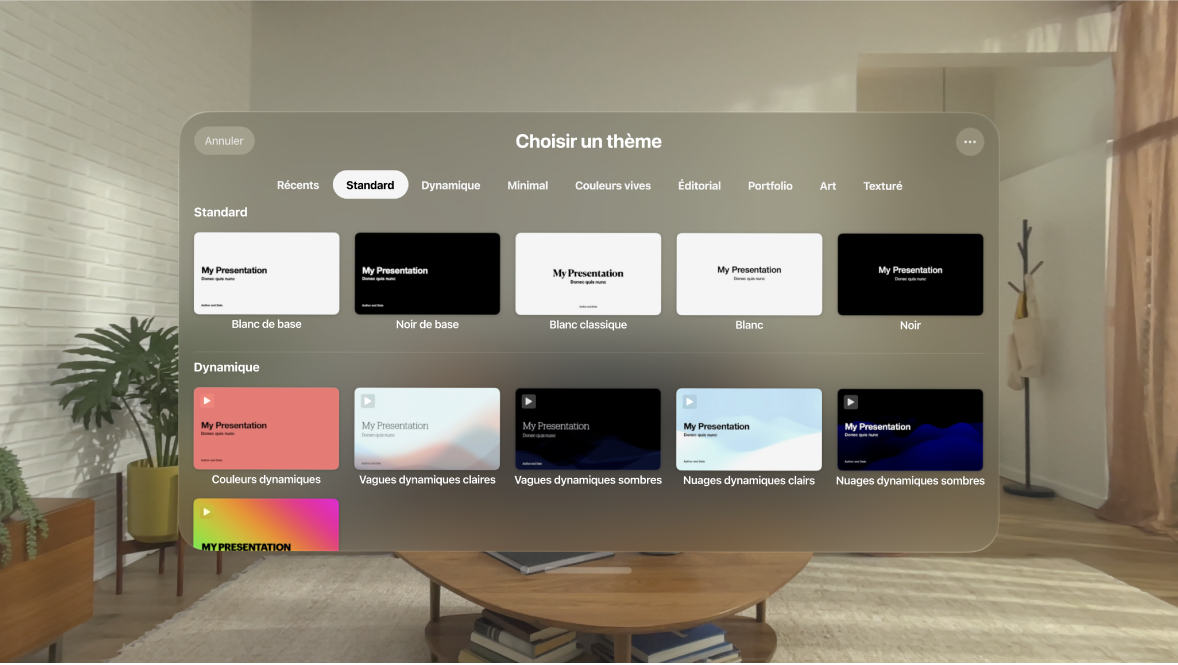 L’app Keynote sur Apple Vision Pro affiche une sélection de thèmes dans le sélecteur de thèmes.