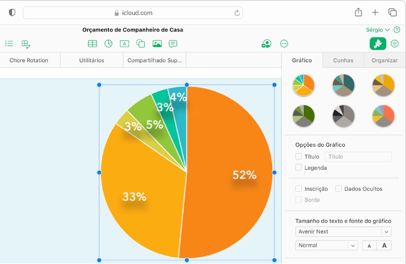 Um gráfico de pizza com porcentagens em cada seção está selecionado; a aba Gráfico da barra lateral Formatar está aberta e mostra opções para alterar o estilo, a fonte do texto e muito mais.