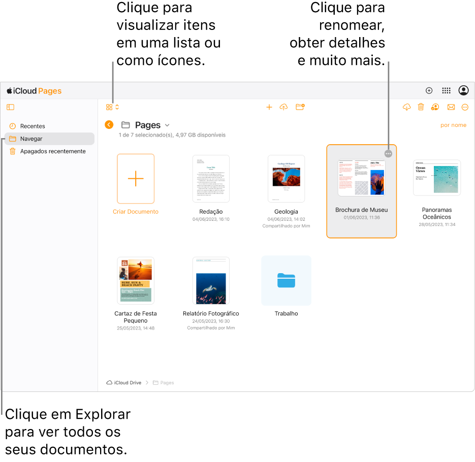 O gerenciador de documentos na visualização Navegar, mostrando documentos do Pages como ícones em uma grade. O botão Mais (três pontos) fica visível no canto superior direito do documento selecionado. Acima dos documentos, o lado esquerdo da barra de ferramentas tem um menu local onde você pode escolher visualizar os itens como ícones ou em uma lista. Do lado direito da barra de ferramentas estão botões para baixar uma cópia, colaborar, enviar por e-mail ou apagar.