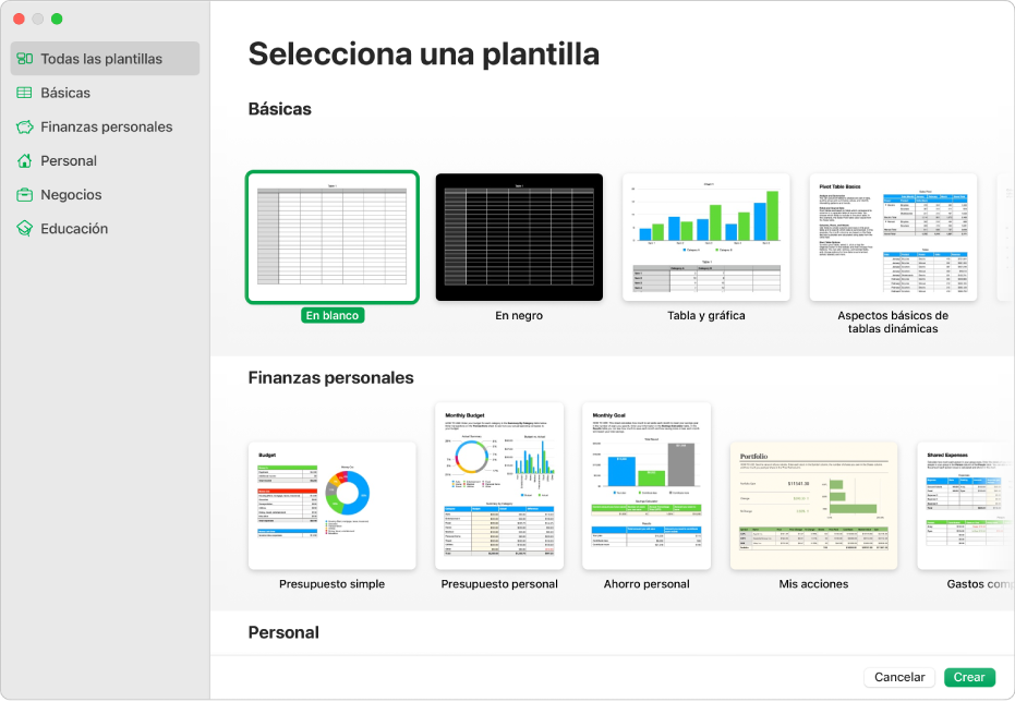 El selector de plantilla. A la izquierda aparece una barra lateral que muestra categorías de plantillas en las que puedes hacer clic para filtrar las opciones. A la derecha, organizadas en filas por categoría, aparecen miniaturas de las plantillas prediseñadas, comenzando con la categoría Básicas en la parte superior, seguida por las categorías Finanzas personales y Personal. Los botones Cancelar y Crear se encuentran en la esquina inferior derecha.