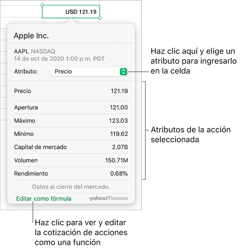 El cuadro de diálogo para ingresar la información de atributo de acción con la acción de Apple seleccionada.