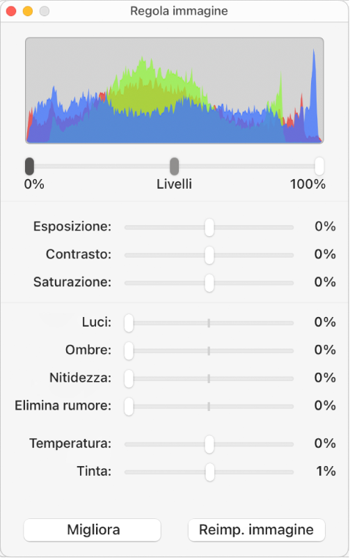 Finestra “Regola immagine” con i cursori per impostare esposizione, contrasto, saturazione, punti di luce, ombre, nitidezza, eliminazione del rumore, temperatura e tinta.