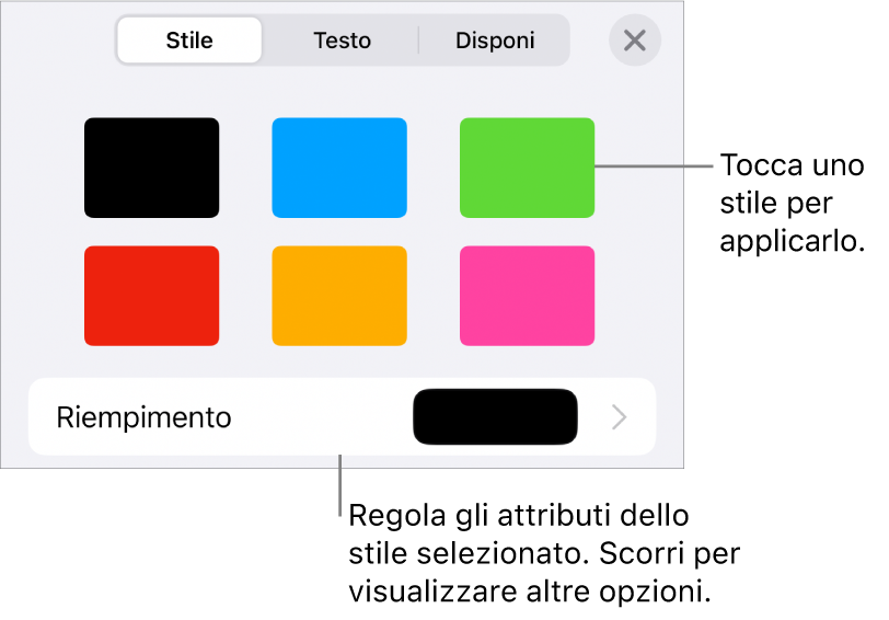 Pannello Stile del menu Formato con gli stili di forma in alto e una rotella sottostante per il riempimento del colore.