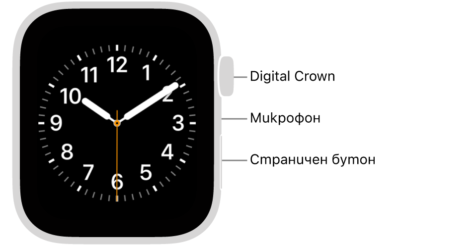 Предната страна на Apple Watch (2-ро поколение) с екран, показващ циферблат, и, от горе надолу, встрани от часовника коронката Digital Crown, микрофон и страничен бутон.