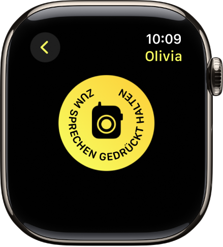 Die App „Walkie-Talkie“ mit einer großen Sprechtaste in der Mitte. Auf der Sprechtaste steht: „Zum Sprechen gedrückt halten“.