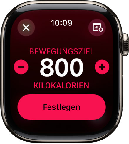 Die Anzeige „Ziele ändern“ mit den Tasten zum Erhöhen oder Verringern des Ziels „Bewegen“.